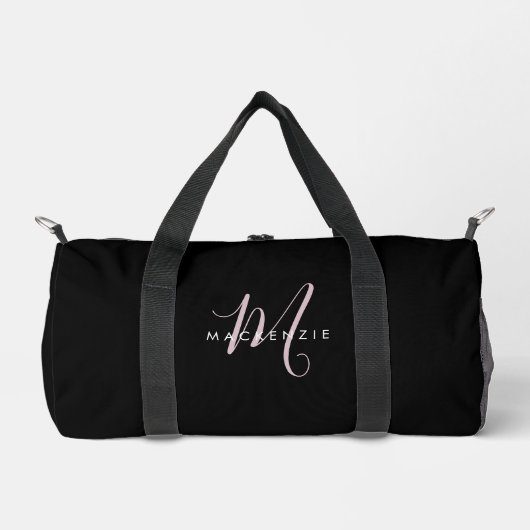 Sac De Sport Élégant Noir Noir Blush Pink Script Monogramme (Recto)