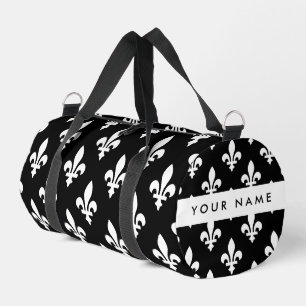 Sac De Sport Fleur de Lis, Blanc sur Noir, Blanc, Votre Nom