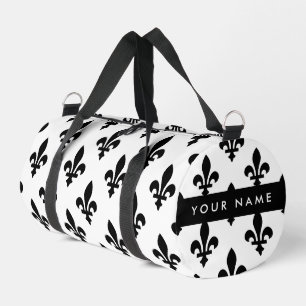 Sac De Sport Fleur de Lis, Noir sur Blanc, Noir, Votre Nom