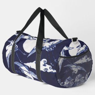 Sac De Sport Grues blanches vintage sur fond bleu marine foncé
