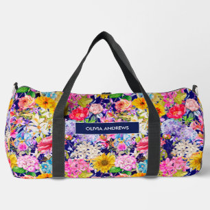 Sac De Sport Joli bleu jaune élégant motif floral monogramme