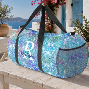 Sac De Sport Joli monogramme licorne iridescent bleu rose paill