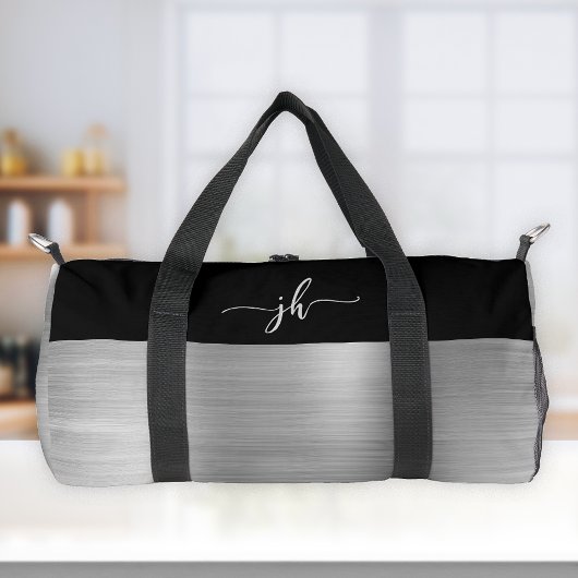 Sac De Sport Monogramme chic en métal brossé argenté avec écrit
