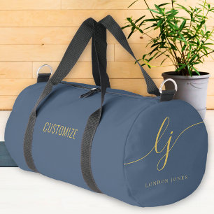 Sac De Sport Monogramme Moderne Marine Bleu Or Élégant Script