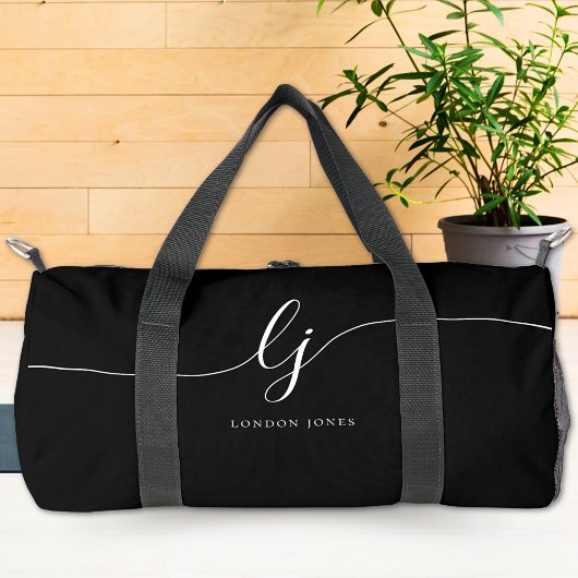 Sac De Sport Monogramme Moderne Noir Calligraphie Script