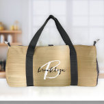 Sac De Sport Monogramme noir et blanc en métal brossé Glam Gold<br><div class="desc">Ce sac en duffel personnalisé est doté d'un monogramme et d'un prénom en écriture moderne noir et blanc sur un arrière - plan en métal brossé à l'or glam.</div>