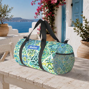 Sac De Sport Motif de carreaux floraux de menthe aquatique médi