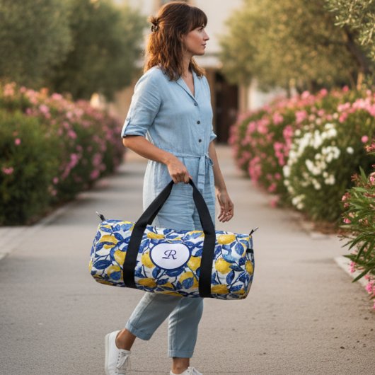 Sac De Sport Motif de citron en aquarelle bleue monogramme