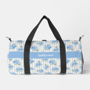 Sac De Sport Motif Élégant d'Hydrangea Bleue Rayure Grise Nom