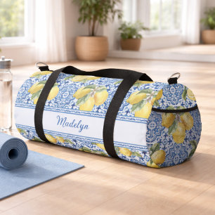 Sac De Sport Nom personnalisé Carreau bleu méditerranéen Lemon
