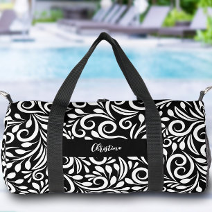 Sac De Sport Nom personnalisé Moderne Floral Élégant Noir & Bla