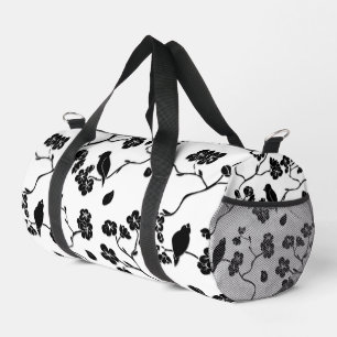 Sac De Sport Oiseaux à motif noir et blanc sur fleurs de cerisi