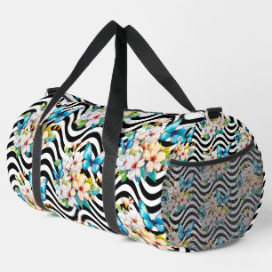 Sac De Sport Papillons Fleurs Bleus Noir & Blanc Grandes Vagues