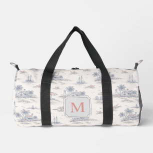 Sac De Sport Toile de Jouy Bleue Côtière Tropicale Monogramme F
