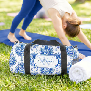 Sac De Sport Toile de Jouy Bleue Française Motif Nom Monogramme