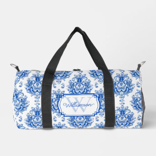 Sac De Sport Toile de Jouy Bleue Française Motif Nom Monogramme