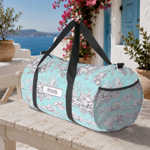 Sac De Sport Vintage floral aqua bleu toile de jouy monogramme