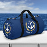 Sac De Sport Votre bateau ou nom Ancre Gold Laurel Star Navy<br><div class="desc">Un sac de voyage à thème nautique ou de gymnase en duffel avec votre nom personnalisé ou nom de bateau. Ce design royal comprend une ancre de bateau en blanc surligné de feuilles de laurier de couleur or et une étoile d'or. La couleur du sac est un bleu marine riche...</div>