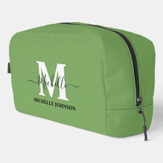 Sac de toilette vert avec monogramme (Coin droit)