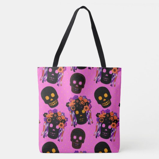 Sac de traitement d'Halloween rose pour les crânes (Devant)