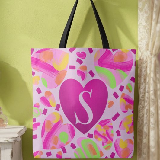 Sac d'école peint à cœur rose monogramme moderne