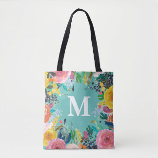 Sac en toile Monogramme personnalisé à la florale 
