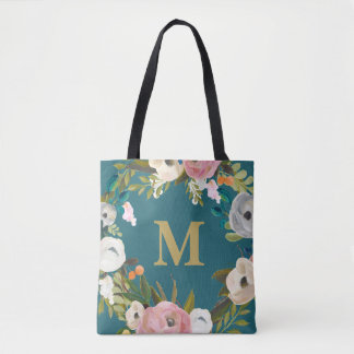 Sac en toile Monogramme personnalisé à la florale 
