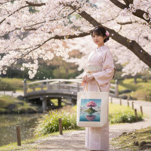 Sac en toile Montagne Lac Arbre Sakura Cerisier