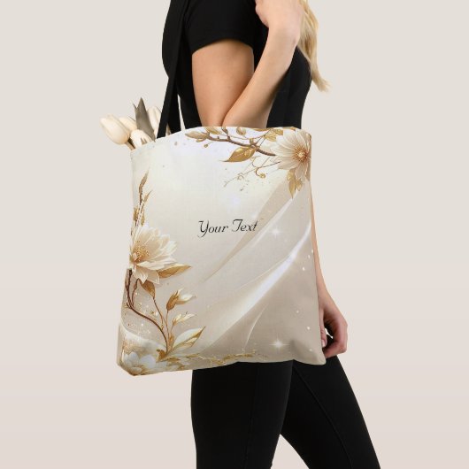 Sac fourre-tout à fleurs blanches et or (De près)