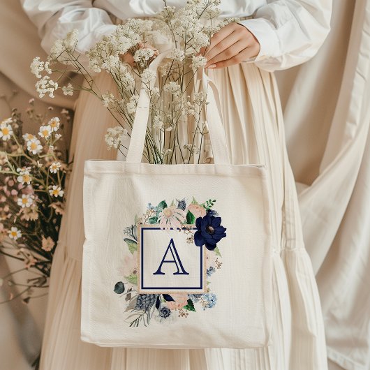 Sac fourre-tout à monogramme floral bleu