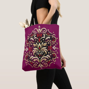Sac fourre-tout à motif damassé rouge, or et noir