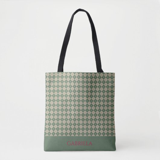 sac fourre-tout à motif vert argyle avec nom (Devant)