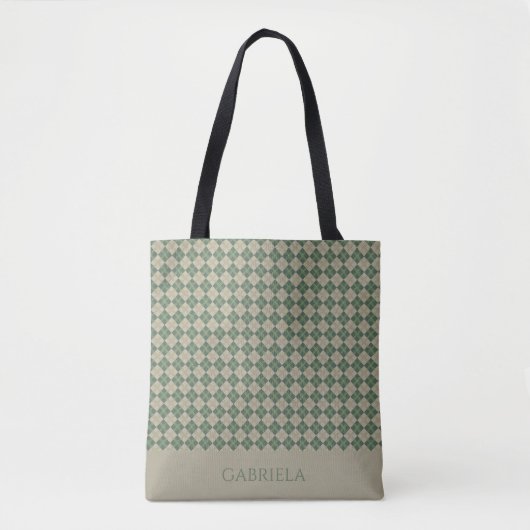 sac fourre-tout à motif vert argyle avec nom (Devant)