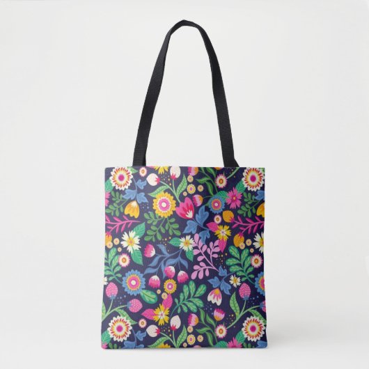Sac fourre-tout avec motif floral sur fond noir (Devant)