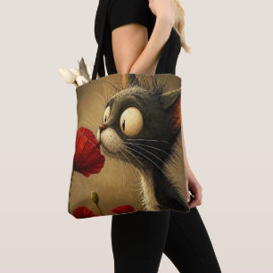 Sac fourre-tout, chat noir et blanc fleur rouge