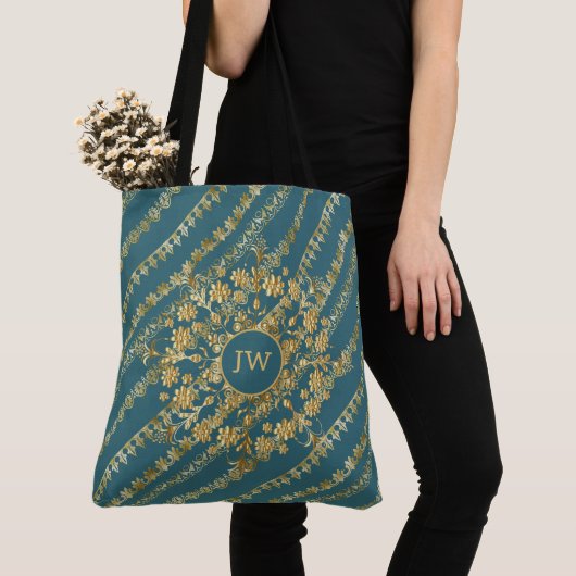 Sac fourre-tout chic bleu et or (De près)