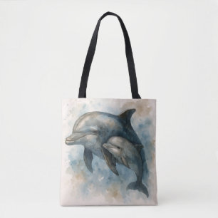 Sac fourre-tout dauphin et son petit aquarelle