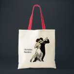 Sac fourre-tout de danseurs de tango de style rétr<br><div class="desc">Style vintage / rétro élégants danseurs de tango fourre-tout. Les danseurs stylisés sont en noir et blanc,  à l'exception d'un ruban bordeaux dans les cheveux. Ajoutez votre propre texte en caractères gras et noirs.</div>