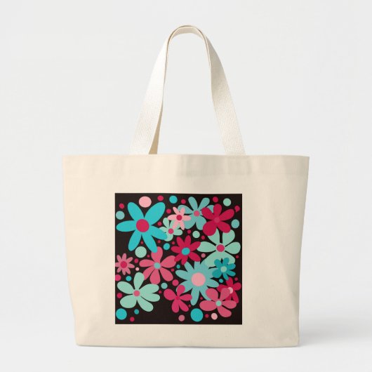 Sac fourre-tout de fleurs funky bleu et rose. (Devant)