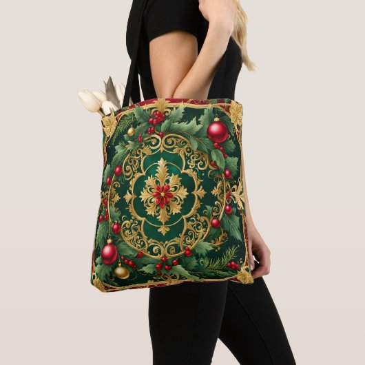 Sac fourre-tout de Noël Rouge Vert Or (De près)