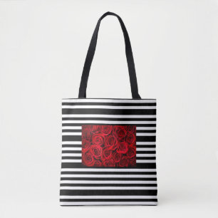 Sac fourre-tout de roses rouges sur rayures blanch