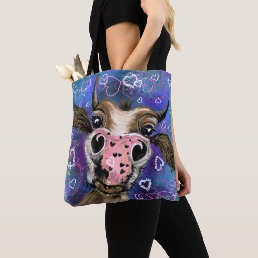 Sac fourre-tout drôle avec vache curieuse joueuse (De près)