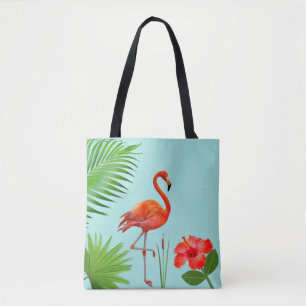 Sac fourre-tout Flamant rose, Hibiscus et feuilles