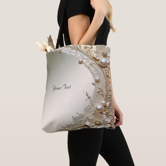 Sac fourre-tout fleurs blanches perles moderne (De près)