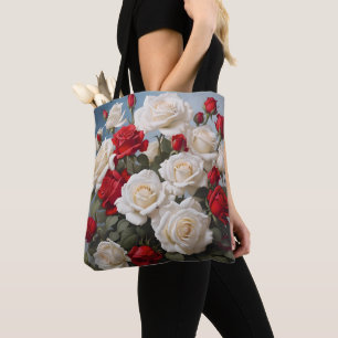 Sac fourre-tout floral à deux faces blanc et rouge