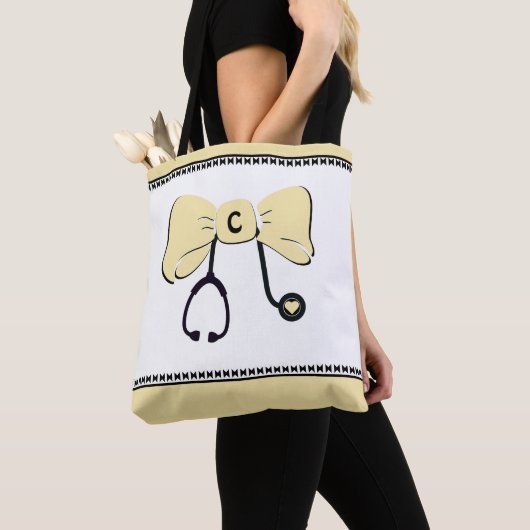 Sac fourre-tout jaune et blanc Stethoscope Bow (De près)