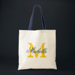 Sac fourre-tout mariage bleu marine et jaune monog<br><div class="desc">Sac fourre-tout mariage bleu marine et jaune avec monogramme personnalisé. design chic vintage. Personnaliser pour les demoiselles d'honneur,  les filles de fleurs,  la servante d'honneur,  la mère de la mariée,  les invités,  etc. Texte de script élégant pour nom. Nom jaune or initial.</div>