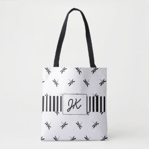 Sac fourre-tout noir et blanc de libellules monogr