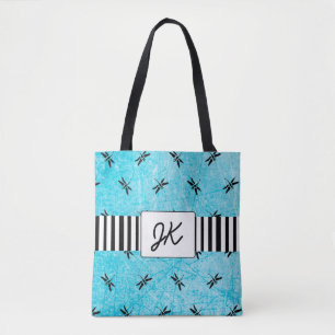 Sac fourre-tout noir et bleu à libellule décoré