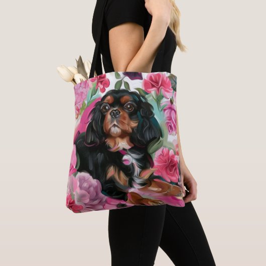 sac fourre-tout noir et tan Cavalier| floral rose (De près)
